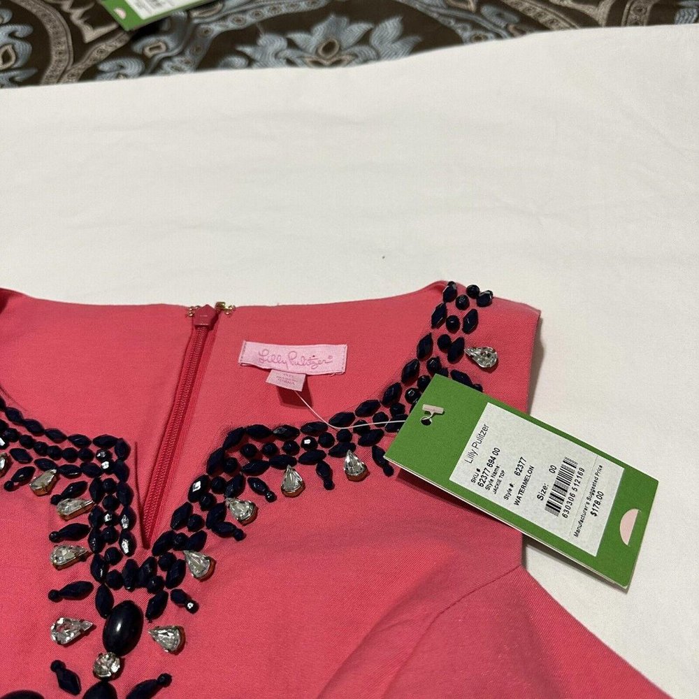 NWT Lilly Pulitzer Rhinestone Embellished Beaded Jacky Top Watermelon Sz 00 - Picture 3 of 11